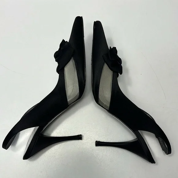 Stuart Weitzman Babe Black Satin Heels, size 8 slingback, bow front with mesh - Picture 5 of 12